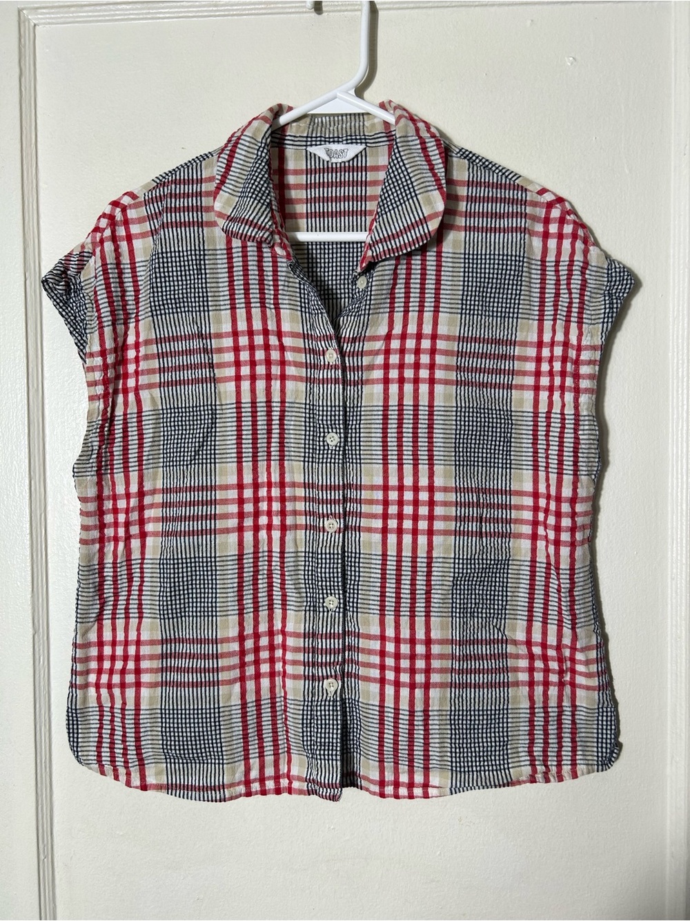 Toast aubrey plaid seersucker button front shirt UK 14 US 8-10 red gray cotton